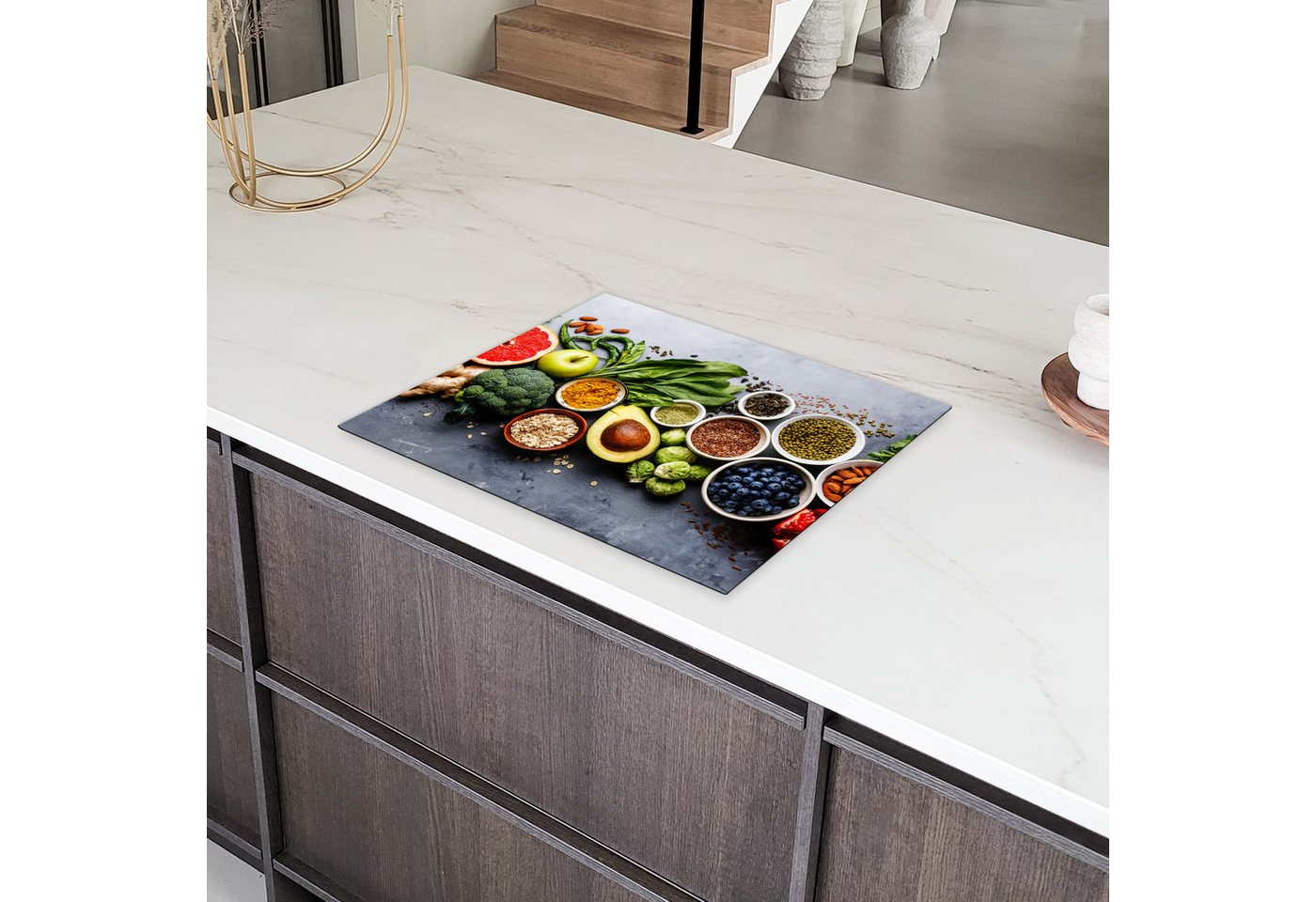 MuchoWow Herd-Abdeckplatte Obst - Beton - Gemüse, Vinyl, (1 tlg), Abdeckung Induktionskochfeld Schutzmatte, Küche Deko, 65x52 cm