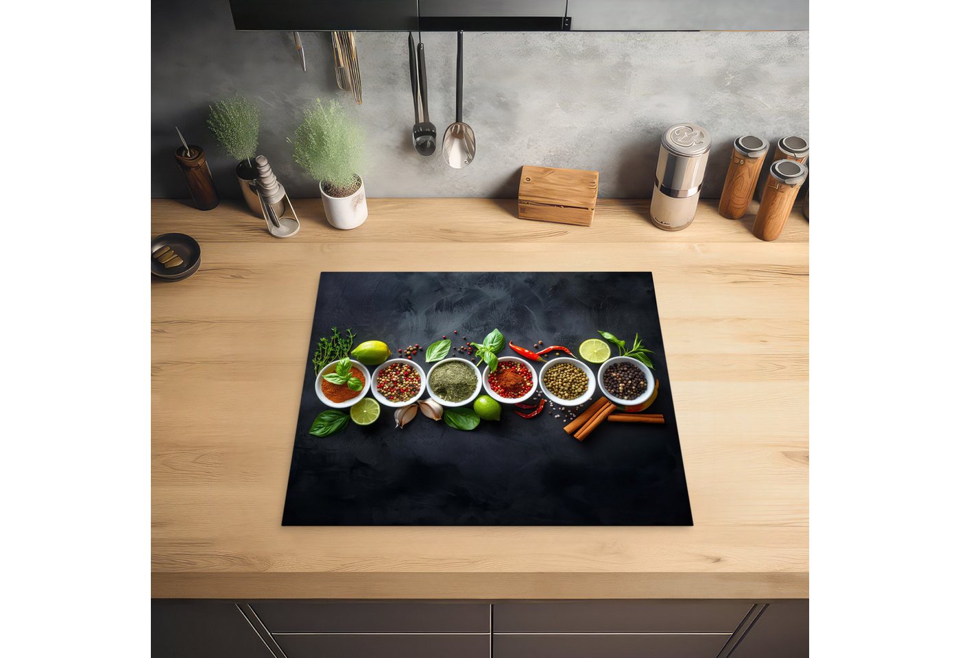 MuchoWow Herd-Abdeckplatte Kräuter - Stillleben - Konkrete Optik, Vinyl, (1 tlg), Abdeckplatte für Ceranfeld, Herd Inductionsmatte, 57.6x51.6 cm Bild 3