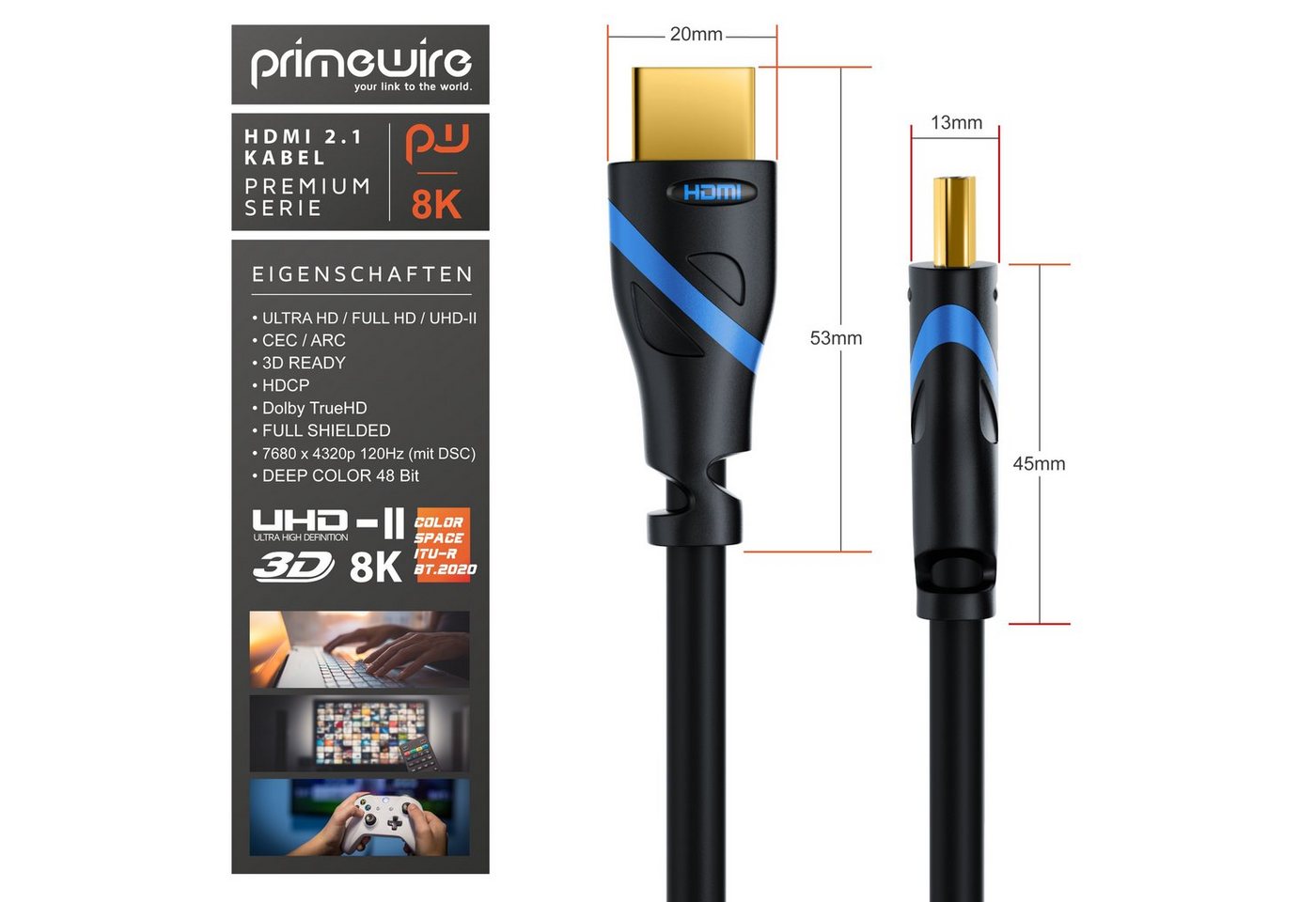 Primewire 2er Set HDMI Kabel 2.1 8K 1,5m Ethernet vergoldet HDMI-Kabel, 2.1, HDMI Typ A (150 cm), Ultra High Speed, CEC, HDCP, ideal für Gaming, Streaming und Heimkino Bild 4