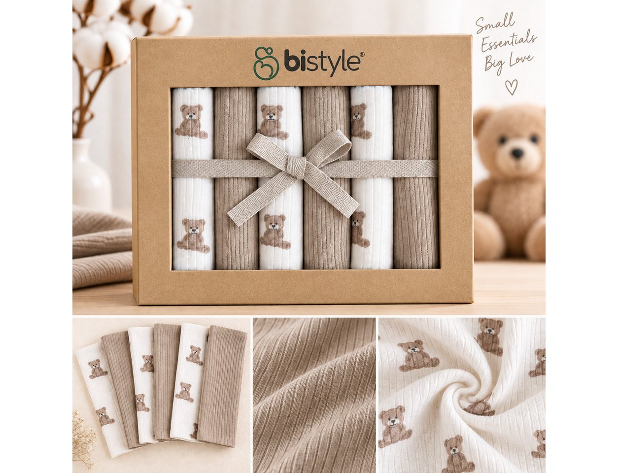 bistyle Spucktuch BabySpucktücher 6er Set, 20x20 cm, Bio-Baumwolle, kleinen Motiven, (6er Pack, 6-tlg), Basic