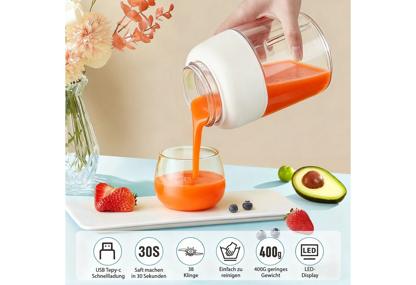 Fine Life Pro Entsafter 800ml Tragbare Smoothie-Maker, Mini-Saftpresse mit Edelstahlmesser, 80W, 1300*2mAh Akku – Frischer Saft überall