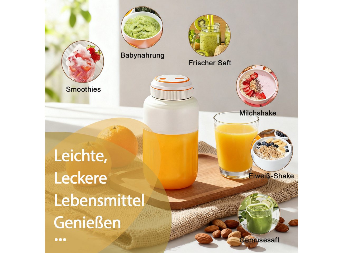 Fine Life Pro Entsafter 800ml Tragbare Smoothie-Maker, Mini-Saftpresse mit Edelstahlmesser, 80W, 1300*2mAh Akku – Frischer Saft überall Bild 3