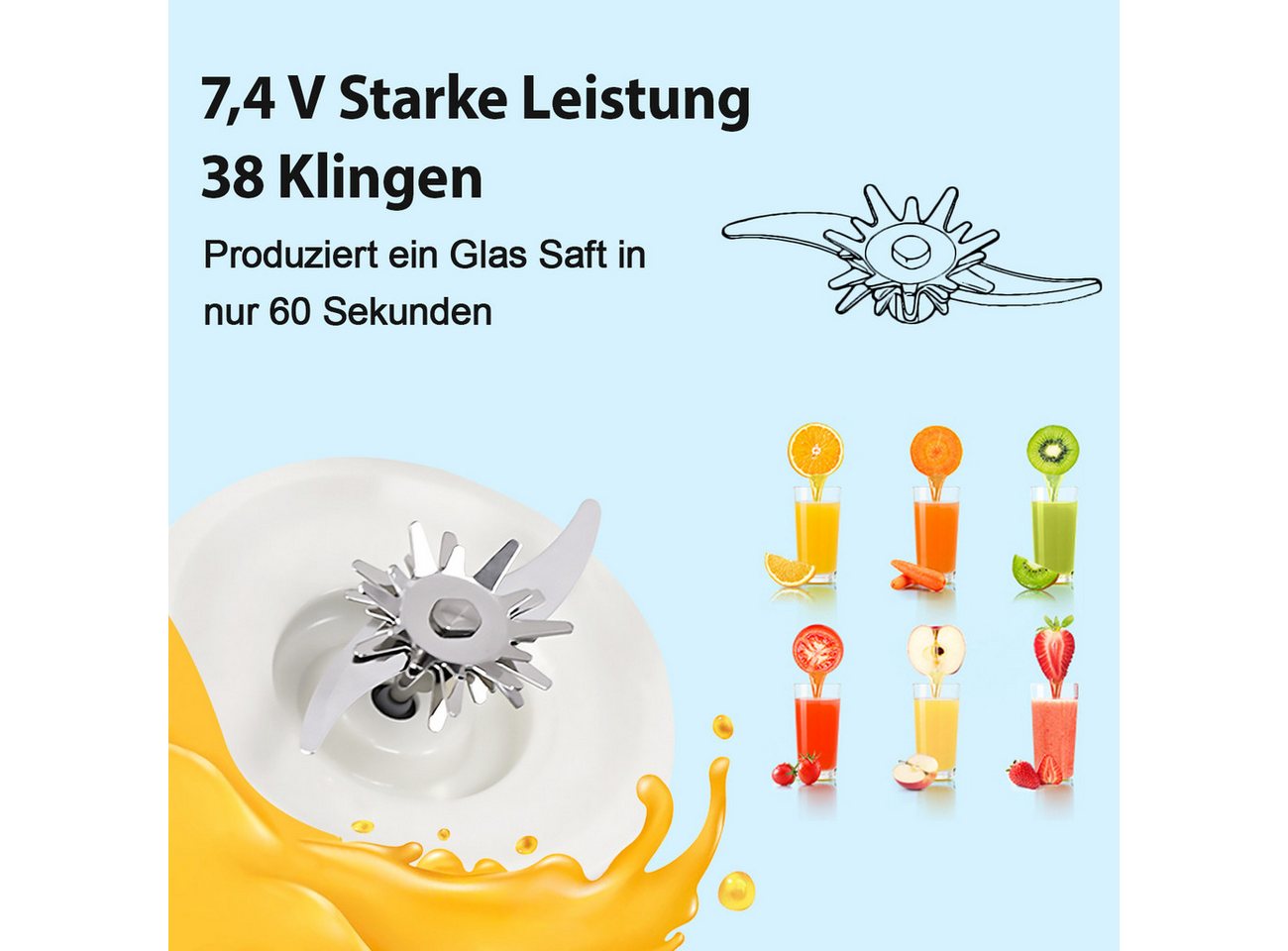 Fine Life Pro Entsafter 800ml Tragbare Smoothie-Maker, Mini-Saftpresse mit Edelstahlmesser, 80W, 1300*2mAh Akku – Frischer Saft überall Bild 5