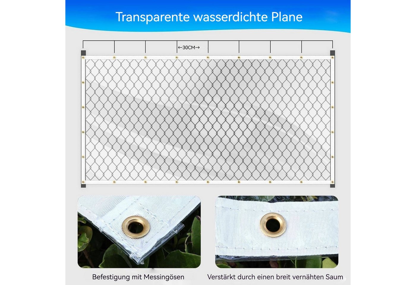 Shade&Beyond Schutzplane Transparente Wasserdichte Plane mit Ösen 380 g/m² für Außenbereich