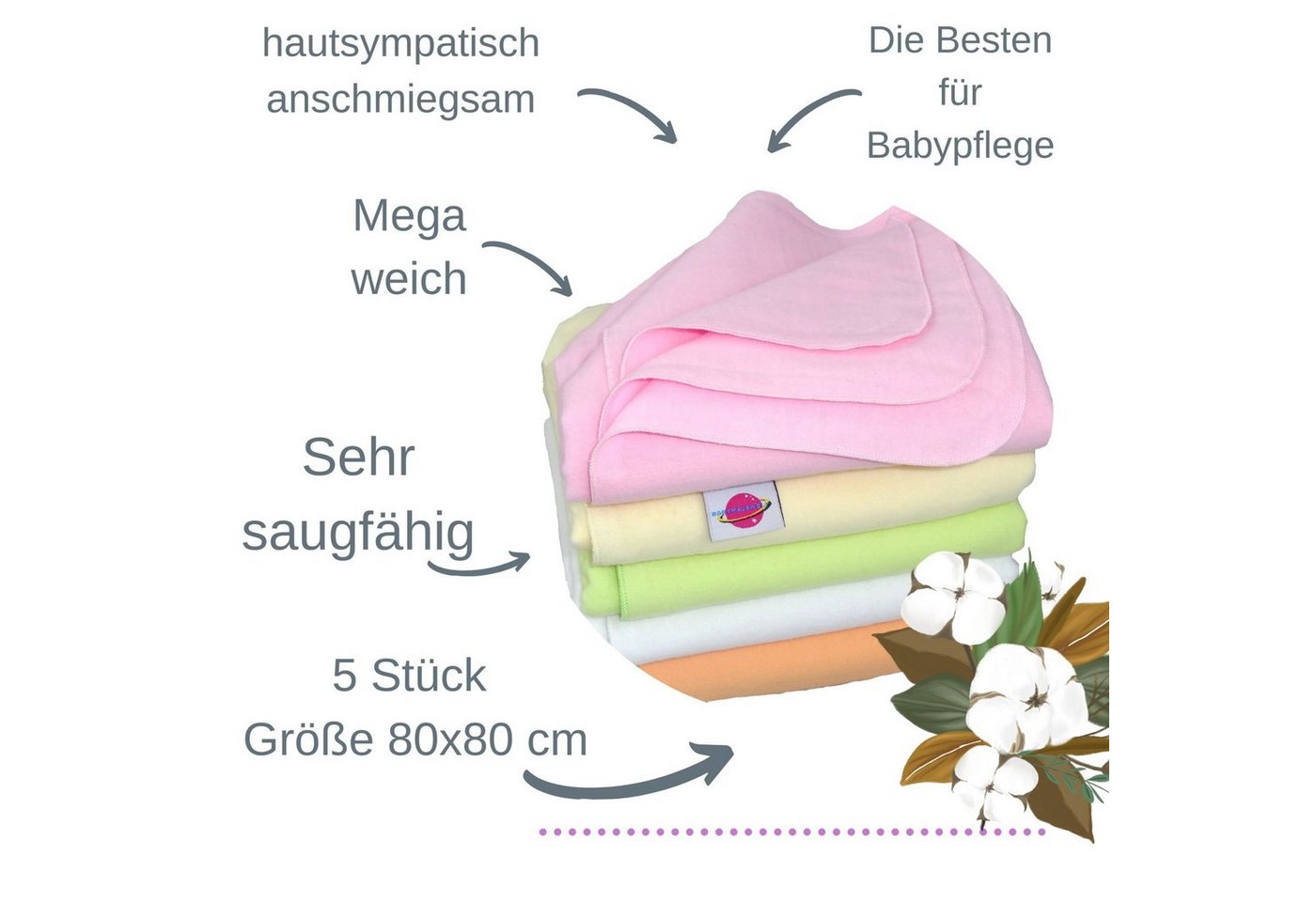Babymajawelt Spucktuch Ultraweiche Baby Molton Tücher 80x80cm - Spucktücher 100% Baumwolle, (Set, 5-tlg., Saugfähige Waschbare Moltonwindeln), weich, saugfähig, waschbar, wiederverwendbar, vielseitig verwendbar Bild 5
