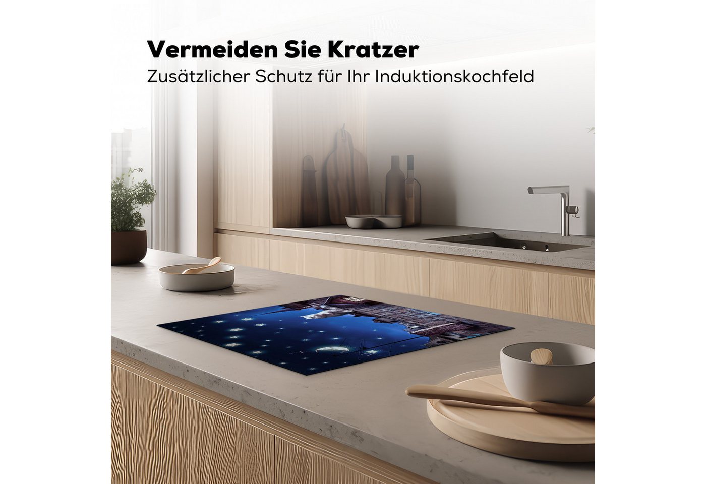 MuchoWow Herd-Abdeckplatte Blau - Katze - Nacht - Haus, Vinyl, (1 tlg), Abdeckplatte für Ceranfeld, Herd Inductionsmatte, 60x50 cm