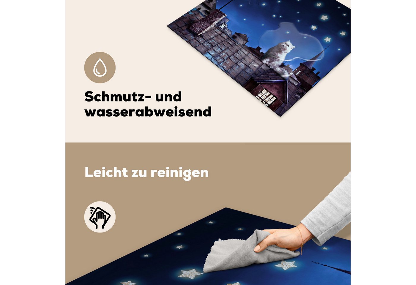 MuchoWow Herd-Abdeckplatte Blau - Katze - Nacht - Haus, Vinyl, (1 tlg), Abdeckplatte für Ceranfeld, Herd Inductionsmatte, 60x50 cm Bild 2