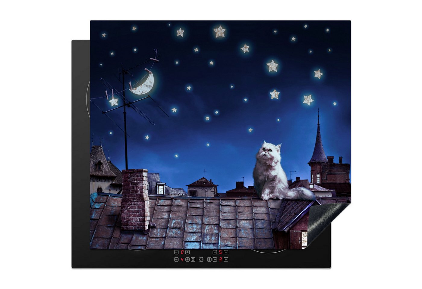 MuchoWow Herd-Abdeckplatte Blau - Katze - Nacht - Haus, Vinyl, (1 tlg), Abdeckplatte für Ceranfeld, Herd Inductionsmatte, 60x50 cm Bild 3
