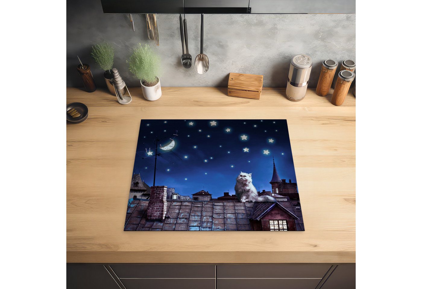 MuchoWow Herd-Abdeckplatte Blau - Katze - Nacht - Haus, Vinyl, (1 tlg), Abdeckplatte für Ceranfeld, Herd Inductionsmatte, 60x50 cm Bild 4