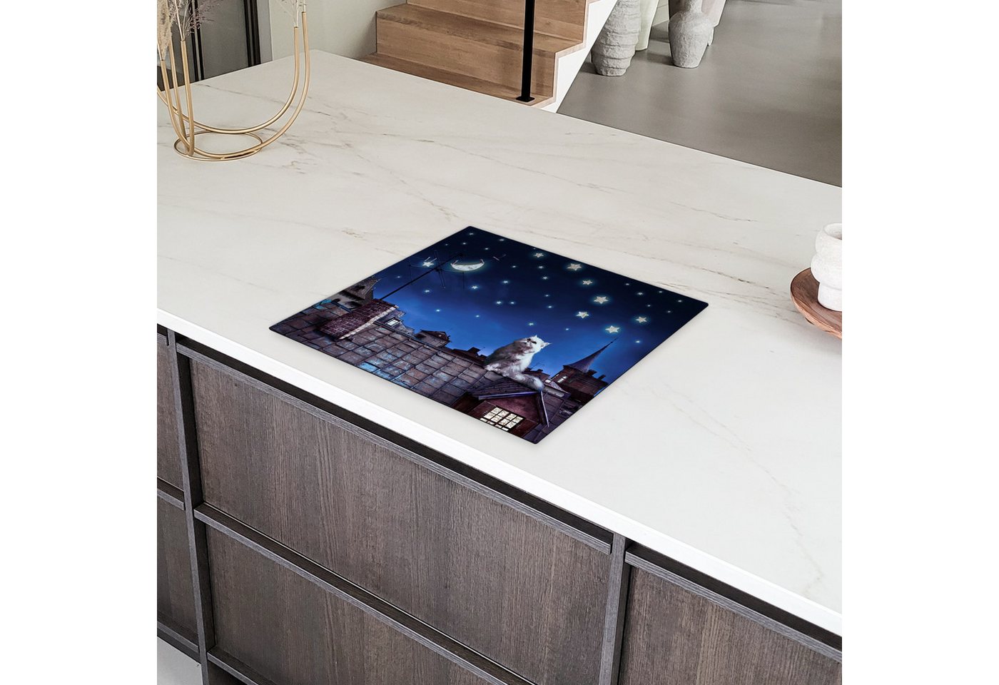 MuchoWow Herd-Abdeckplatte Blau - Katze - Nacht - Haus, Vinyl, (1 tlg), Abdeckplatte für Ceranfeld, Herd Inductionsmatte, 60x50 cm Bild 5