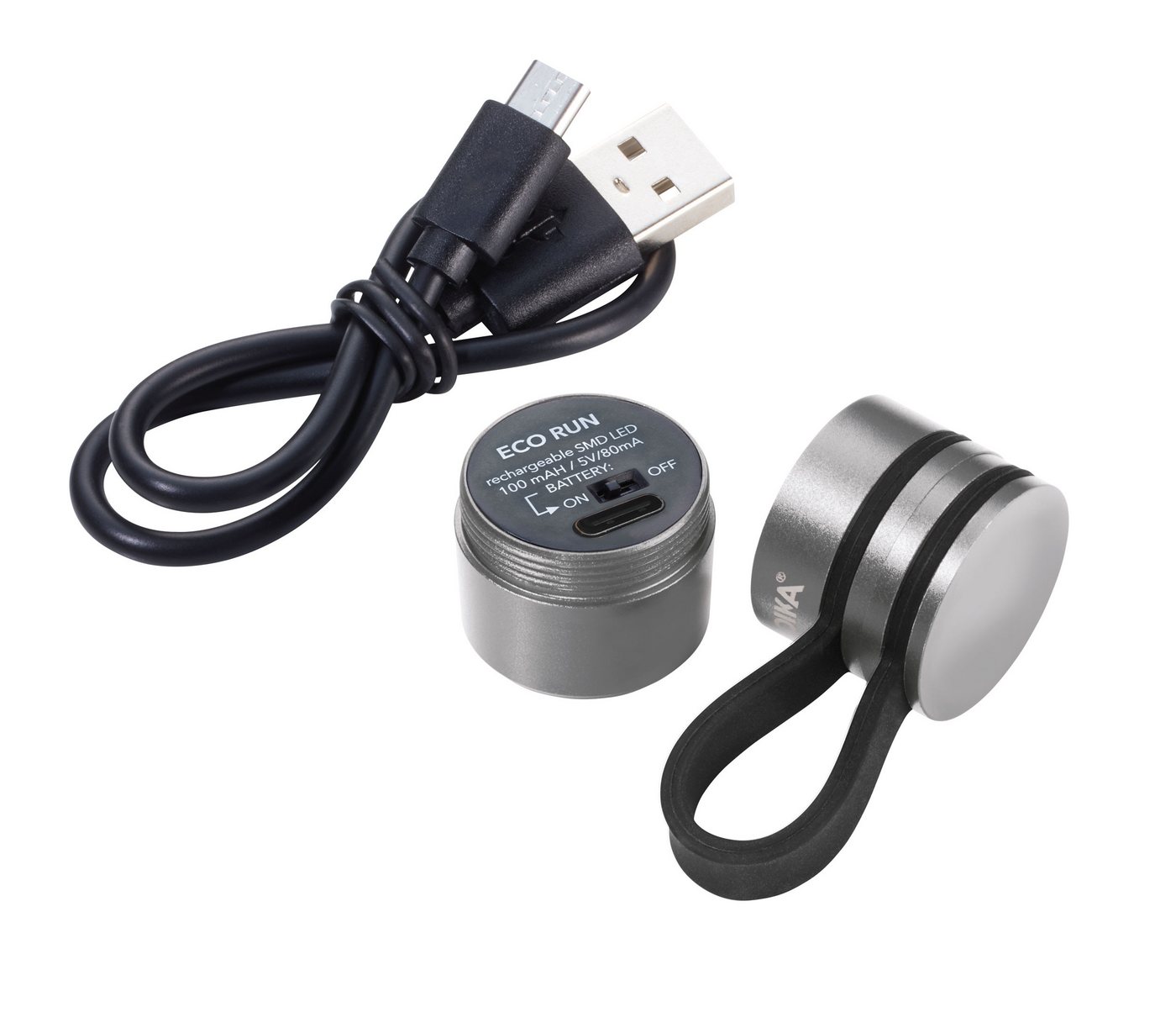 TROIKA Taschenlampe ECO RUN Sportlicht für Joggen, mit Magnet, USB-C wiederaufladbar, 3 Leuchtmodi, 100-mAh-Akku, Magnetverschluss, 32 g