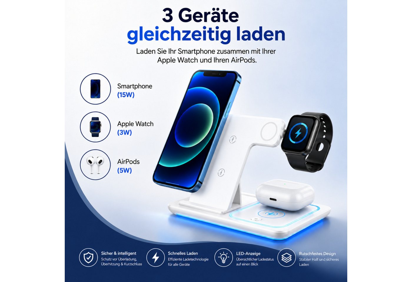 PlugUp Ladestation für Apple Watch iPhone & AirPods 3in1 MagSafe Ladegerät Ladestation (3000 mA, 3in1 Ladestation für Apple Watch, iPhone & AirPods – MagSafe Ladegerät) Bild 5