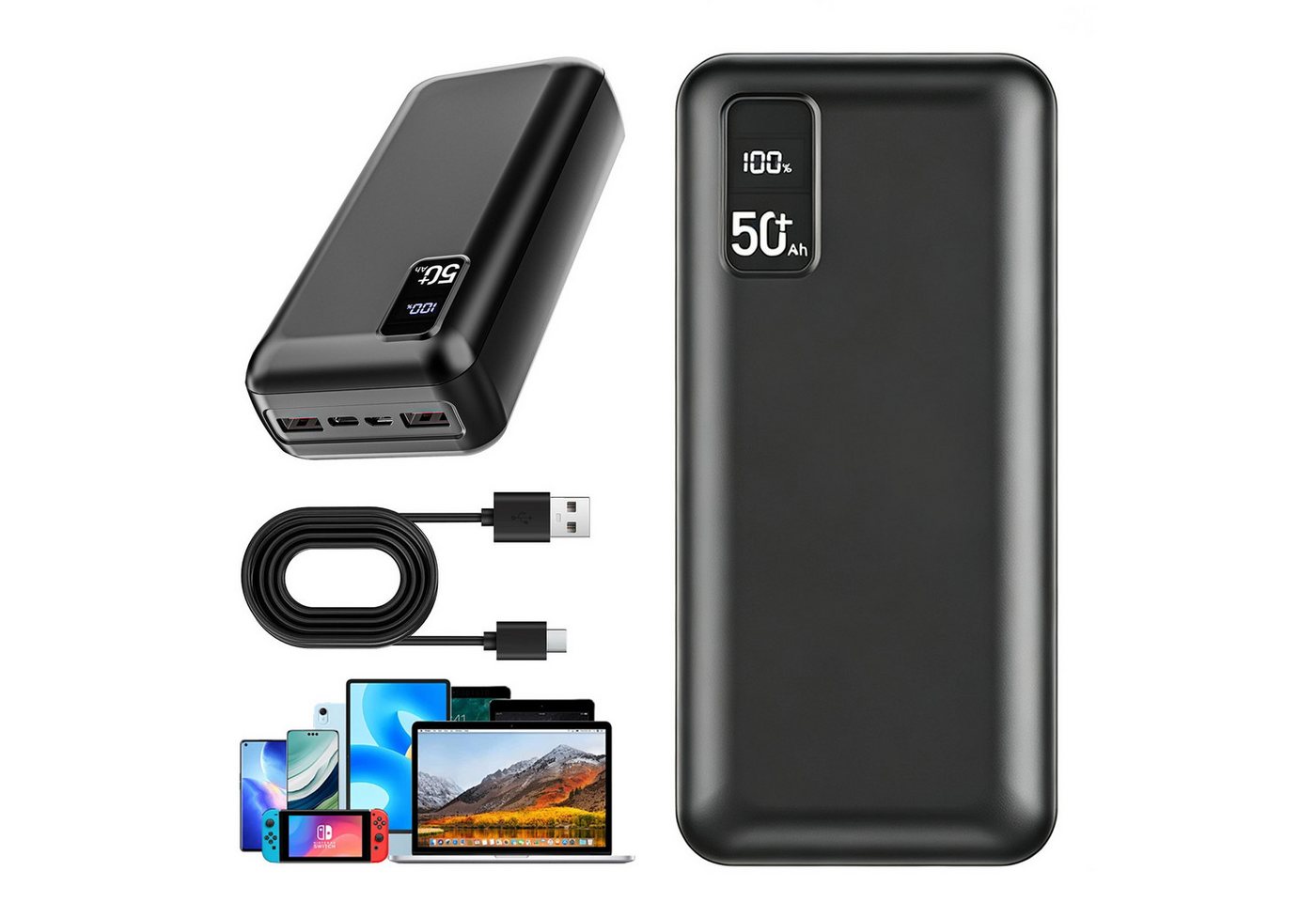 AKKEE 50.000 mAh 22,5 W Schnellladung Tragbare Power Bank USB-C Powerbank, Externer Akku Powerbank kompatibel mit iOS & Android