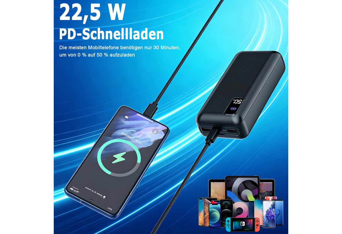 AKKEE 50.000 mAh 22,5 W Schnellladung Tragbare Power Bank USB-C Powerbank, Externer Akku Powerbank kompatibel mit iOS & Android Bild 2