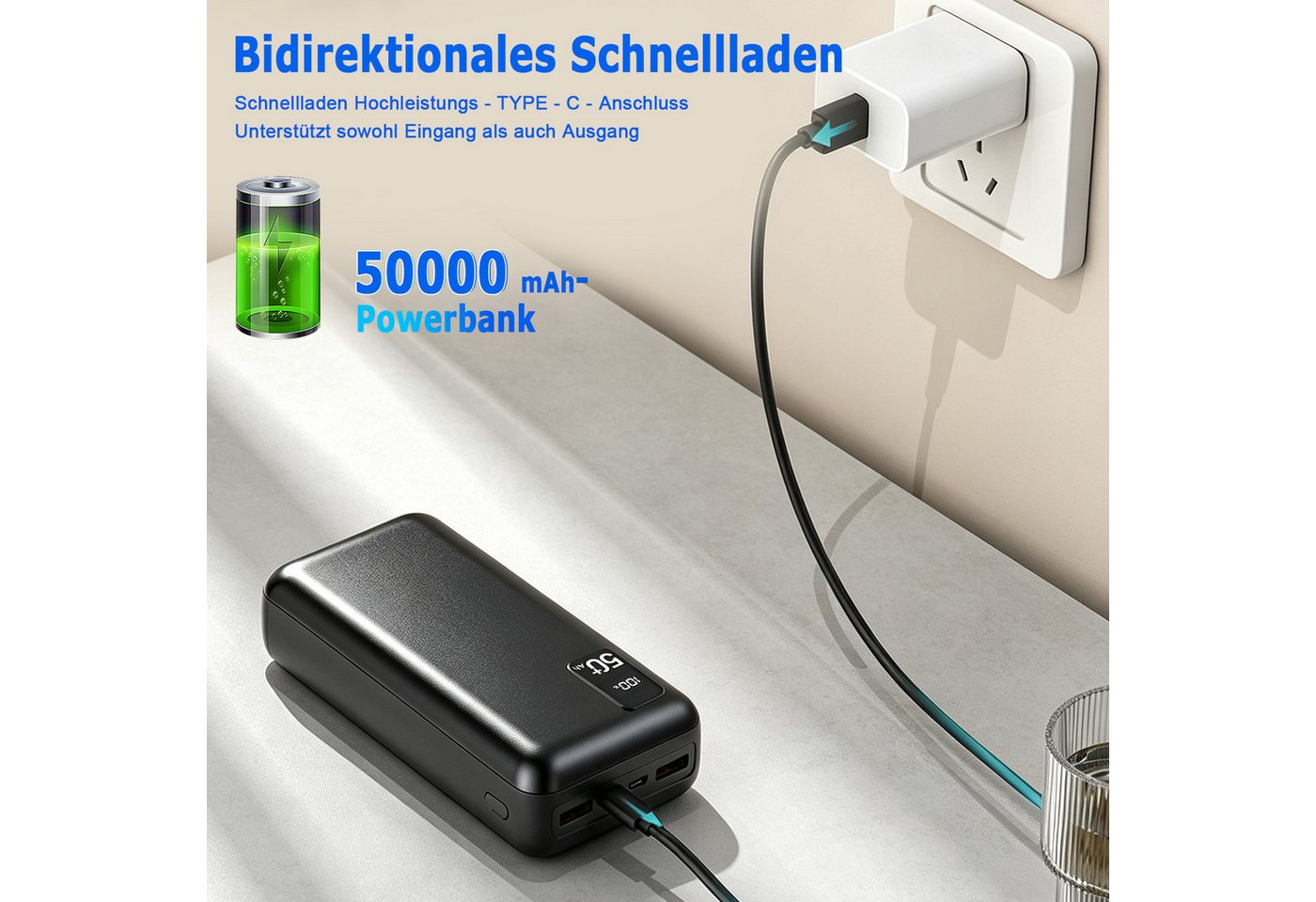 AKKEE 50.000 mAh 22,5 W Schnellladung Tragbare Power Bank USB-C Powerbank, Externer Akku Powerbank kompatibel mit iOS & Android Bild 3