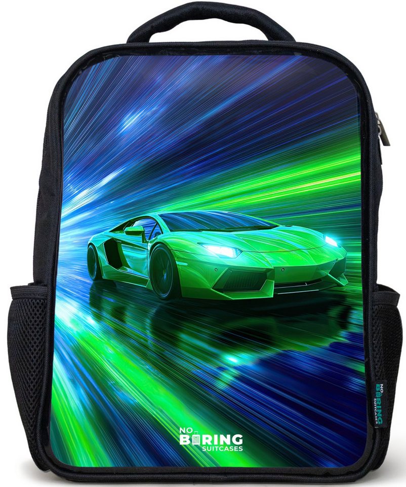 NoBoringSuitcases.com© Rucksack Schwarz - Rennwagen - Hellgrün - Lichtstrahlen - Geschwindigkeit, Kinderrucksack Schwarz, Schulrucksack, Freizeitrucksack Jungen Mädchen