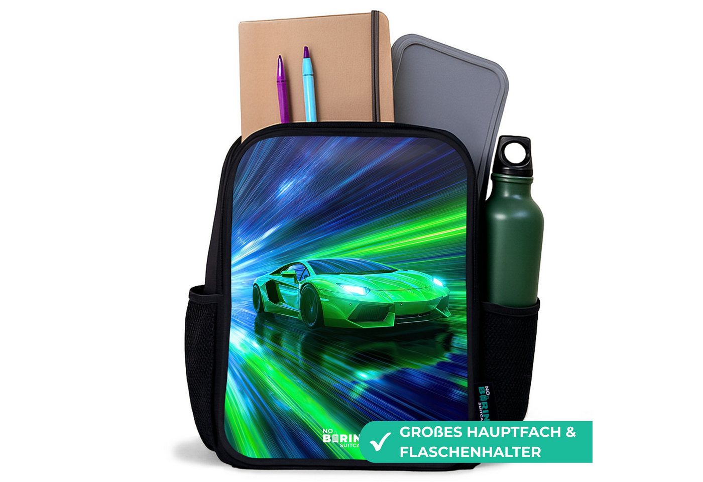 NoBoringSuitcases.com© Rucksack Schwarz - Rennwagen - Hellgrün - Lichtstrahlen - Geschwindigkeit, Kinderrucksack Schwarz, Schulrucksack, Freizeitrucksack Jungen Mädchen Bild 2