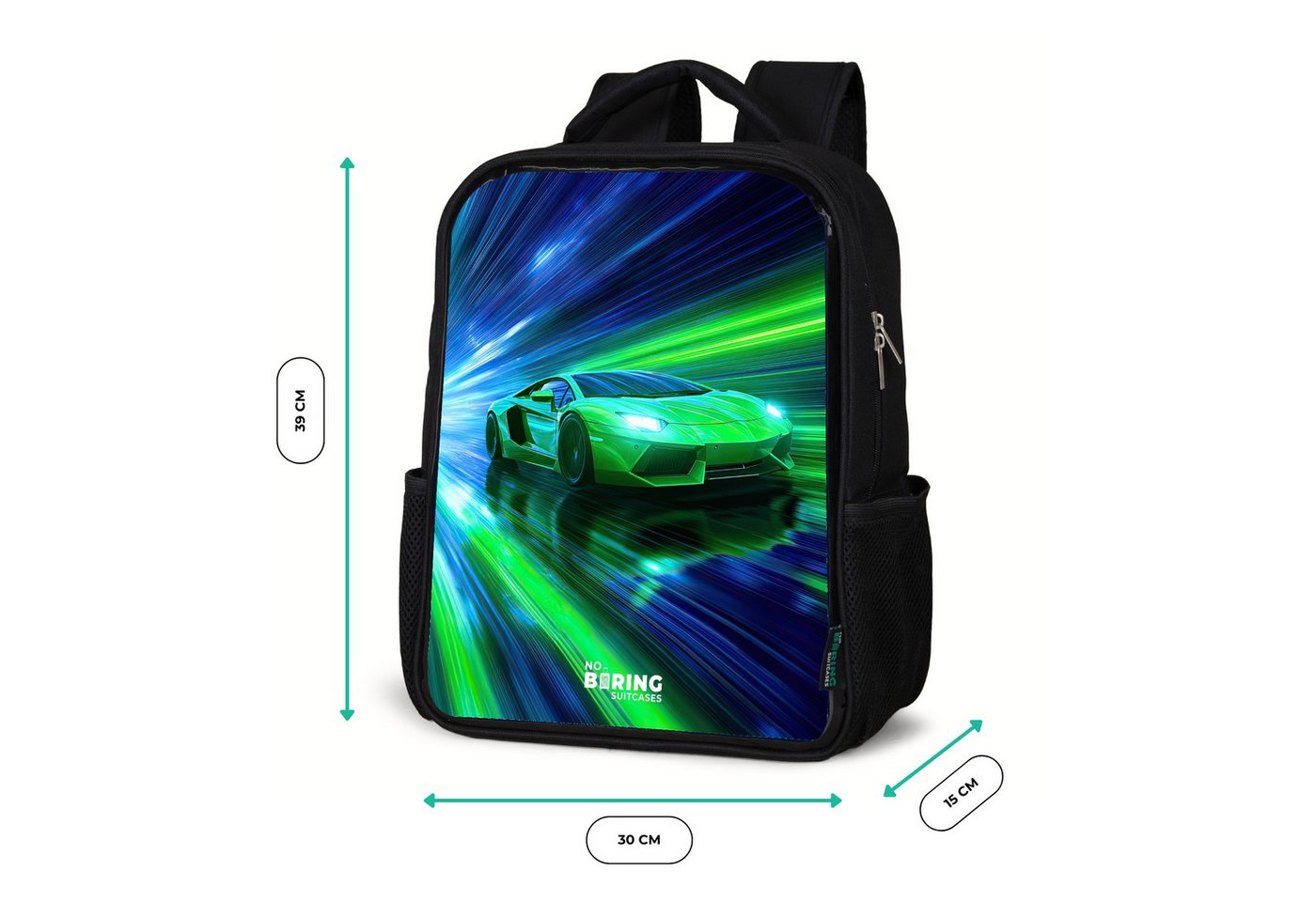 NoBoringSuitcases.com© Rucksack Schwarz - Rennwagen - Hellgrün - Lichtstrahlen - Geschwindigkeit, Kinderrucksack Schwarz, Schulrucksack, Freizeitrucksack Jungen Mädchen Bild 3