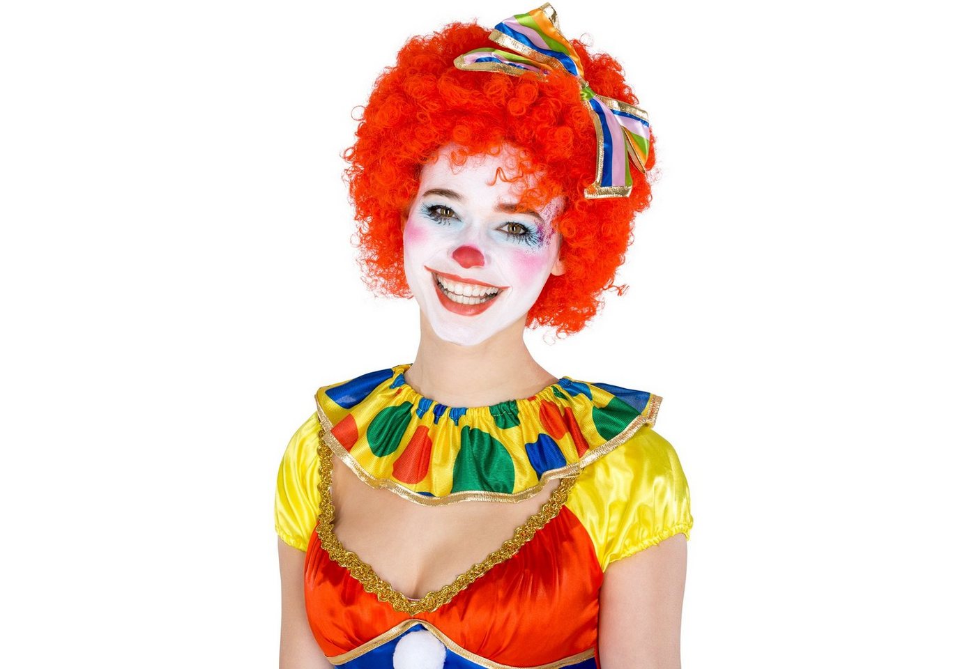 dressforfun Clown-Kostüm Spaßvogel/Komiker, Gr. S, Clown-Verkleidung für die Ladys, Ballkleid, in rot, Schön bunt und in Glanzoptik, Flippiger Haarreif mit Schleife