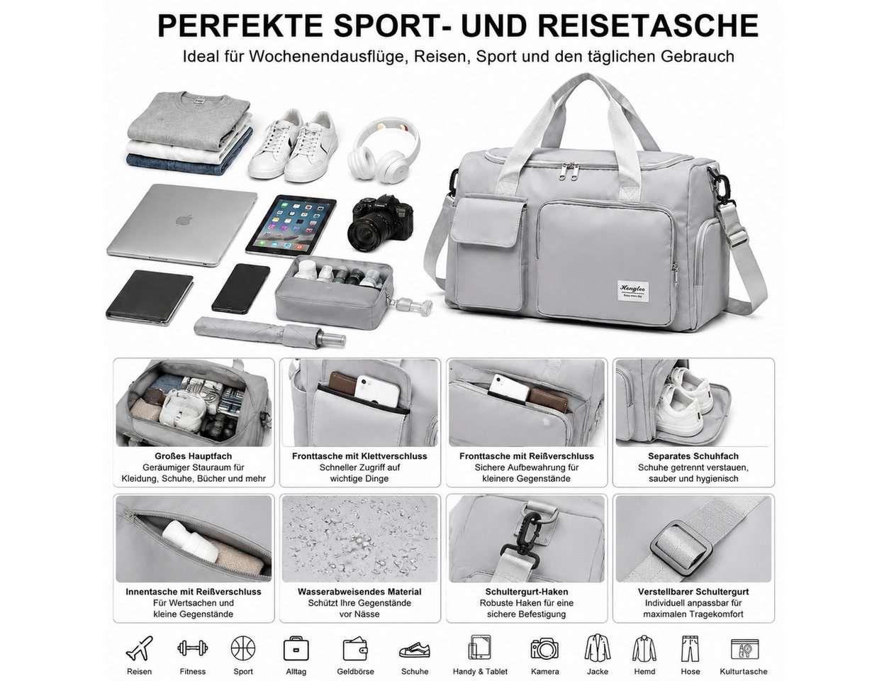ibettertec Reisetasche XL Große Saunatasche Sporttasche Fitnesstasche Damen Herren (XL Reisetasche Fitness Tasche Handtasche, Mit Maßen 50 × 28 × 28 cm), mit Schuhfach Nassfach viele Fächer wasserabweisend Schultergurt Bild 3