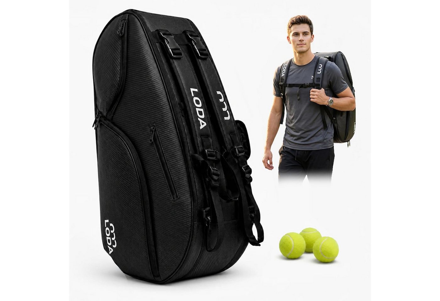 LODA sports Tennistasche Racket Pro (92L) - Tennistasche mit Platz für bis zu 6 Schläger, 75cm (L) x 35cm (B) x 35cm (H), 92 Liter Volumen