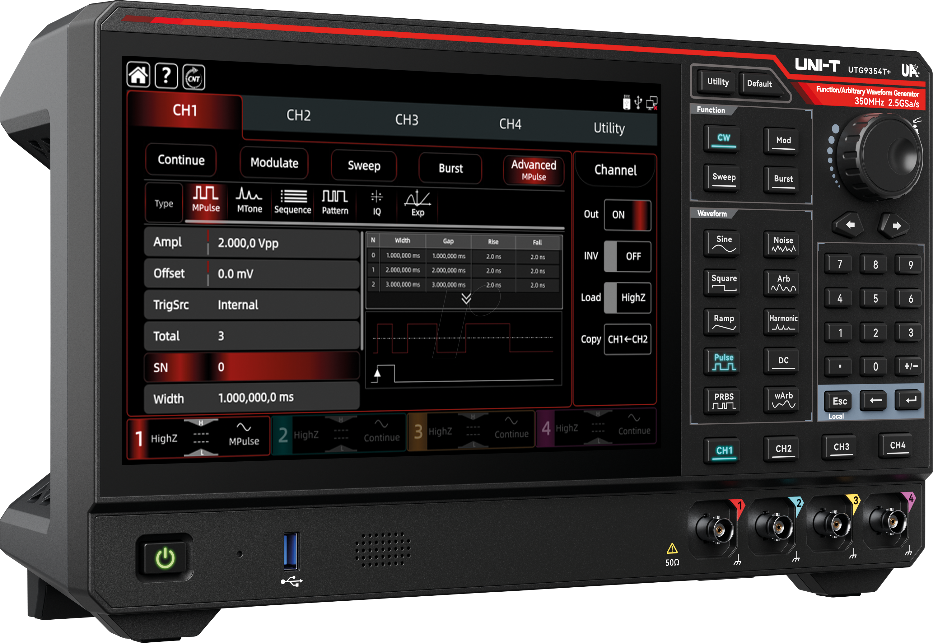 UT UTG9354T+ - Funktionsgenerator, 350 MHz, 4-Kanäle, Arbiträr
