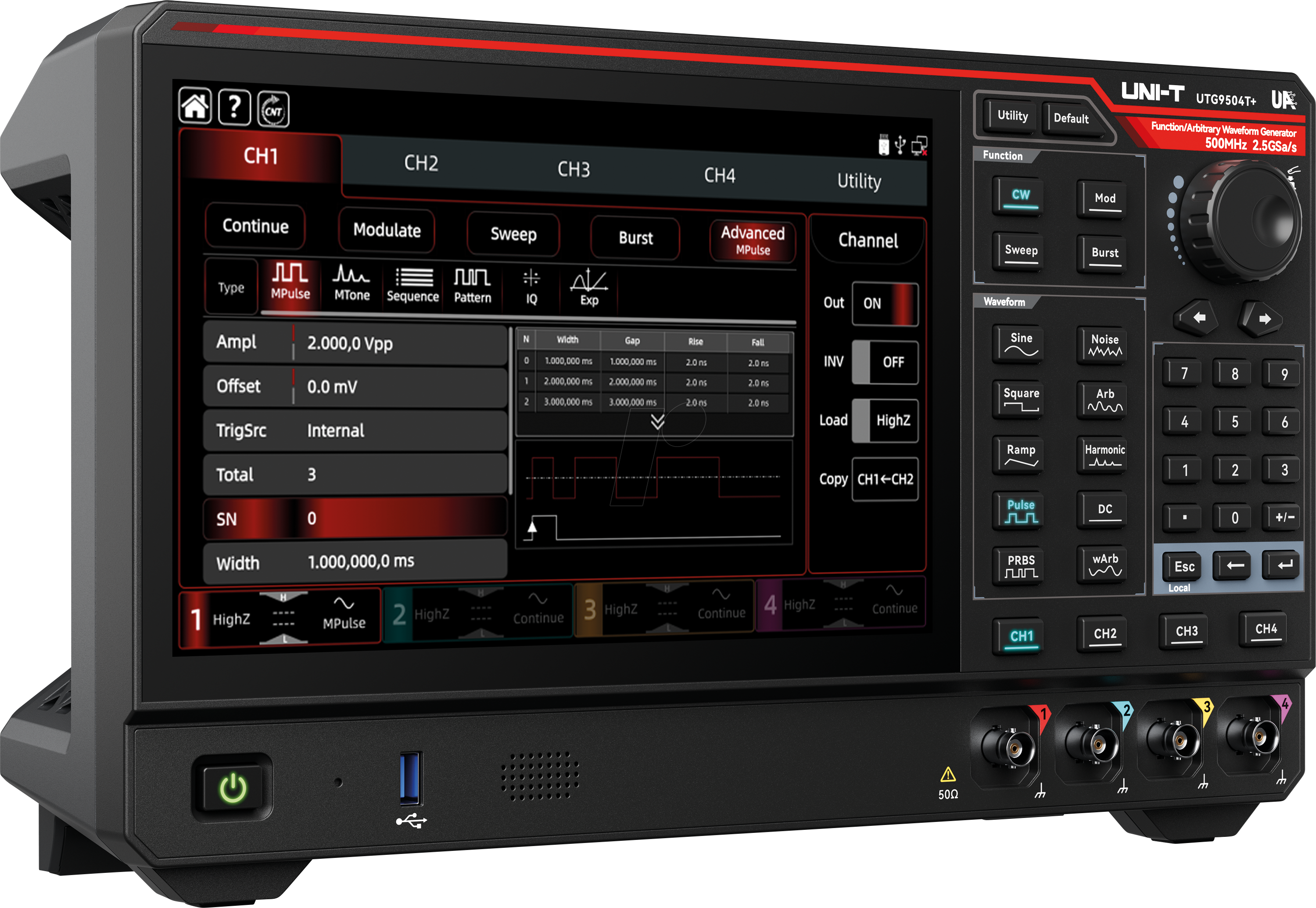UT UTG9504T+ - Funktionsgenerator, 500 MHz, 4-Kanäle, Arbiträr