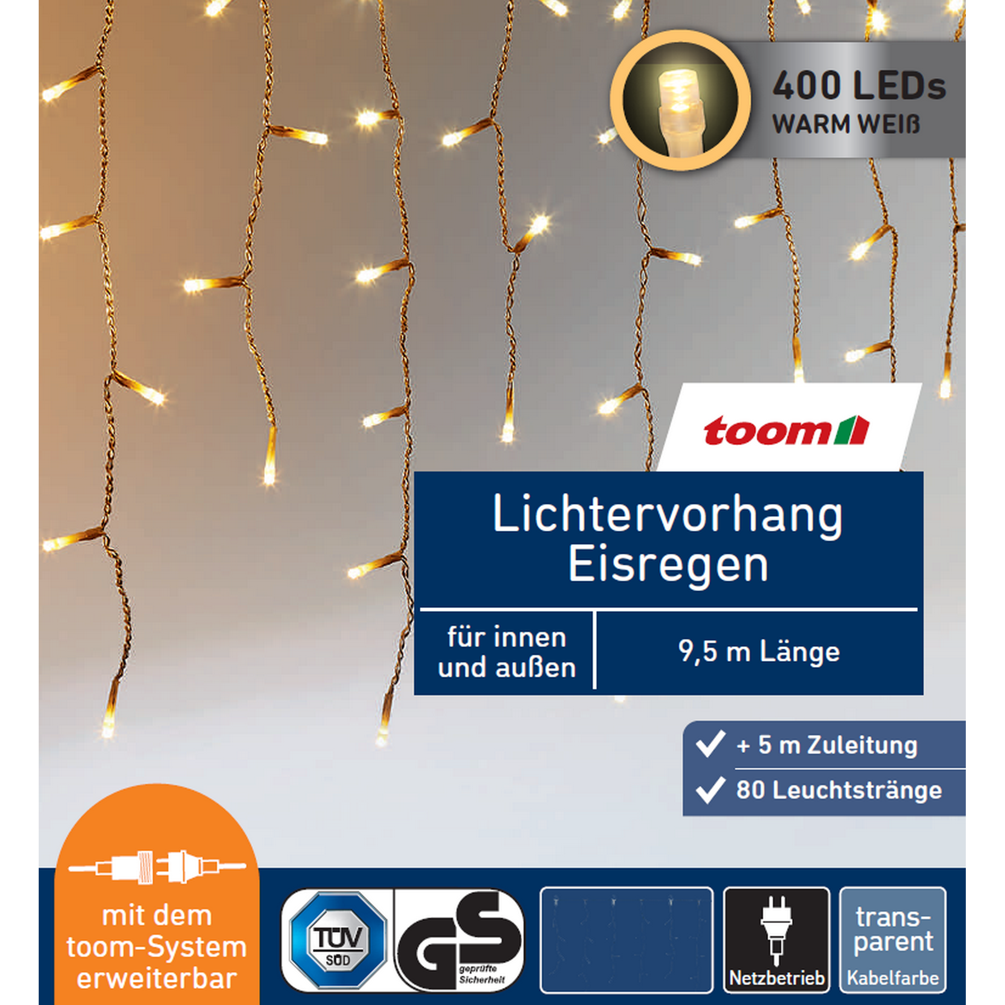 toom LED-Lichtervorhang 'Eisregen' 400 LEDs warmweiß 80 Stränge 950 cm Bild 3