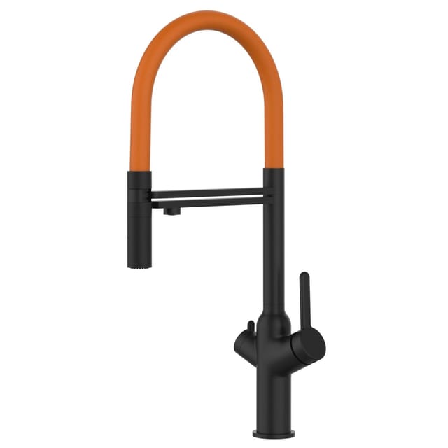 4 Wege Wasserhahn Kueche Spueltischarmatur Schwarz Matt Kuechenarmatur Mit Orange 360 Schwenkbarem Auslauf Und Abnehmbare 2 Strahl Handbrause - Bod Design