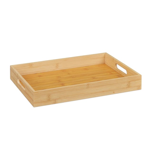 Tablett Bambus, Hbt: 5,5 X 40 X 30 Cm, Serviertablett Mit Griffen, Hoher Rand, Küchentablett Rechteckig, Natur - Relaxdays