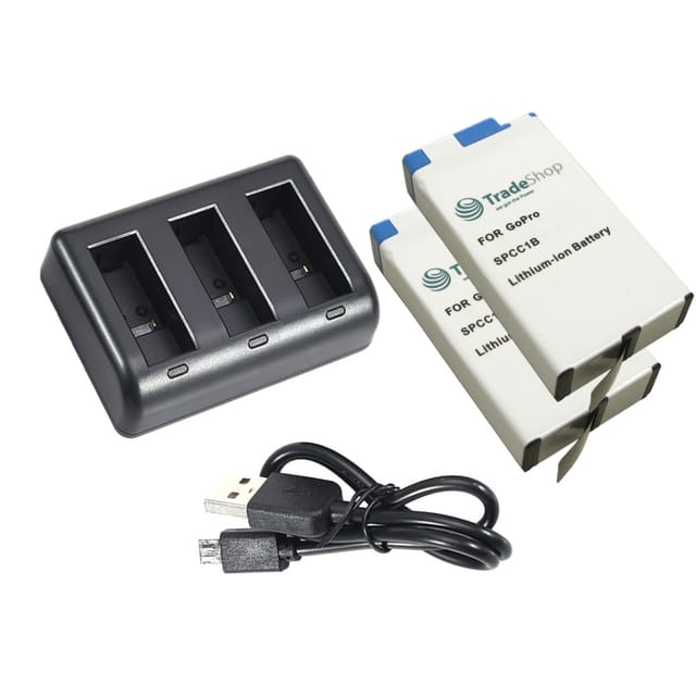 Trade-shop - 3-fach Ladegerät + 2x Akku 1650mah Für Gopro Max Kamera Inkl. Micro-usb Kabel - Ersetzt Spcc1b, Acbat-001, Bc-gp7c - Ladestation Ladekabel