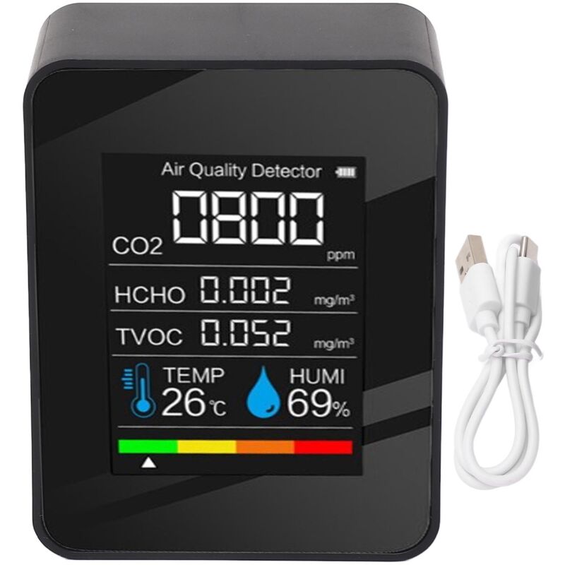 Amxcnoy 5-in-1 Luftqualitätsmonitor, Multifunktionaler Co2-, Tvoc-, Hcho-, Temperatur- Und Feuchtigkeitsdetektor Mit Farb-lcd-bildschirm Und Alarmfunktion