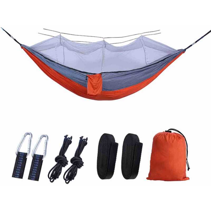 Amxcnoy Automatische Schnellöffnungs-hängematte Mit Moskitonetz, Tragbare Outdoor-camping-hängematte, Kippsichere Nylon-hängematte, 260 X 140 Cm, Orange Und Grau