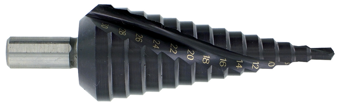 Tivoly - Kegelstufenbohrer Hss-e5 (kobalt 5%) - Tialn-beschichtet - Tivolynorm - Spiral- (helikal) - Kreuzspitze - Schaft Mit 3 Fasen / Ømin/max: 4/30