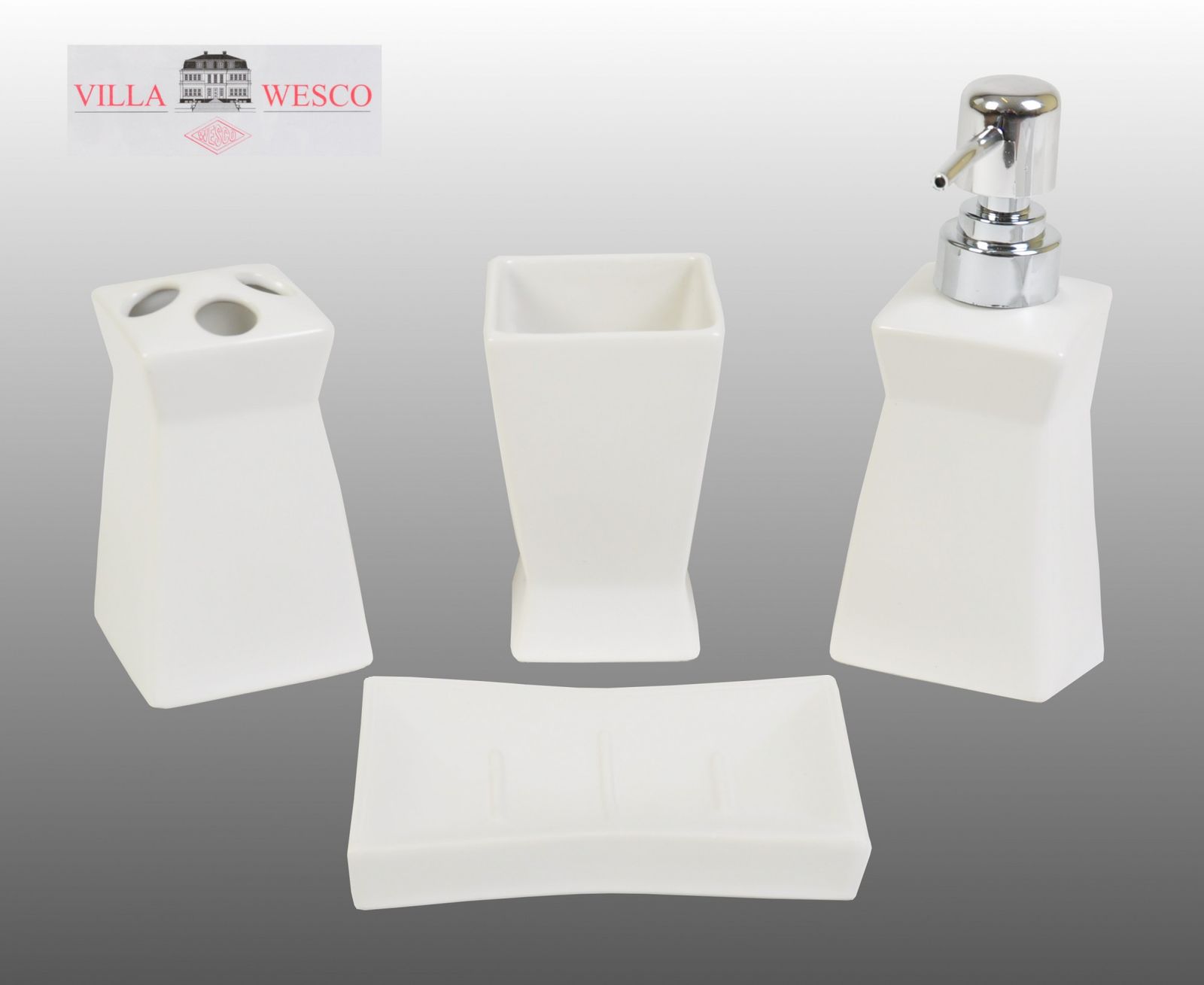 Wesco - Villa Keramik Bad Set Weiß 4tlg. Seifenspender Zahnputzbecher Badgarnitur