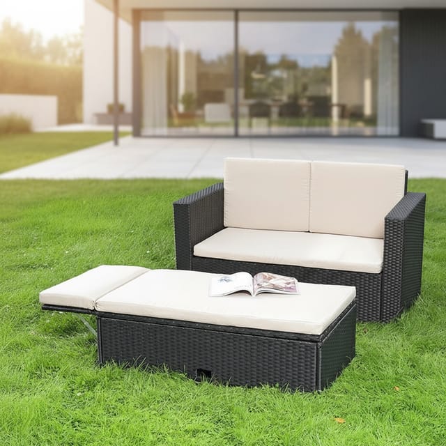 Melko - Gartensofa Mit Fußbank Polyrattan Schwarz Wintergarten Sitzgruppe Garnitur