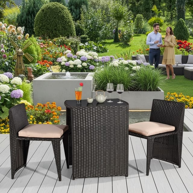 Melko - Gartenmöbel 3er Set Schwarz Poly Rattan Sitzgarnitur Gartenbar Rattanbar