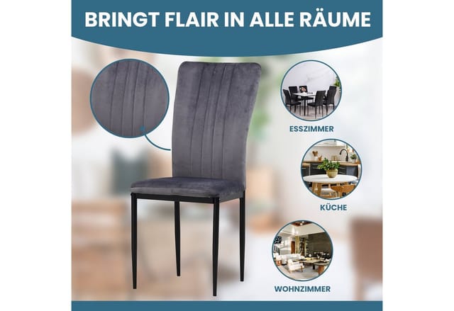 Esszimmerstühle Mit Samt-bezug 4er Set Modena, Grau - Stilvolles Vintage Design, Eleganter Polsterstuhl Am Esstisch - Küchenstuhl Oder Stuhl Esszimmer Mit Hoher Belastbarkeit - Albatros