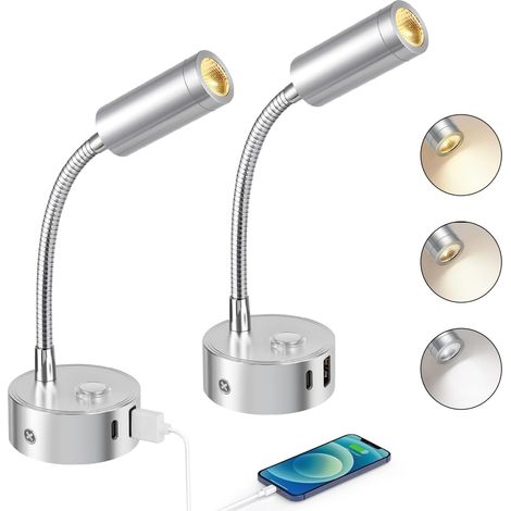 2 Stück 12v Led-leseleuchten Für Wohnmobile, Helligkeit Per Touch Einstellbar (3000k–6000k), 360° Flexibler Schwanenhals Mit Usb-a- Und Usb-c-steckern Für Boote Und Wohnwagen, Silber