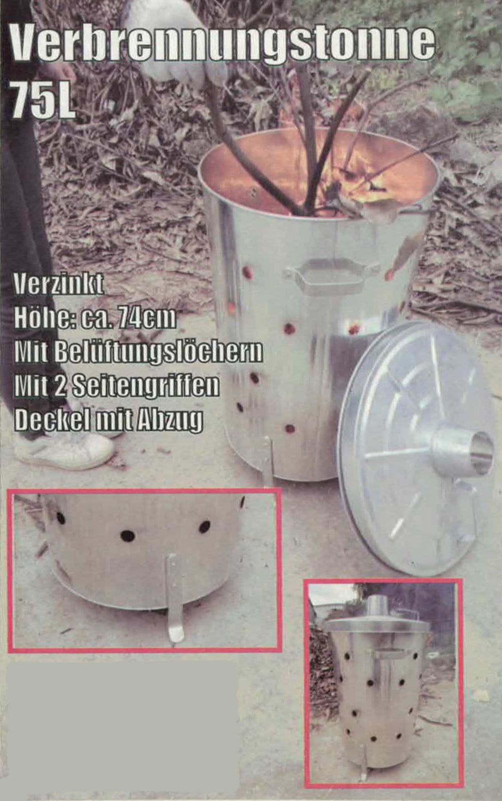 Buri - Feuertonne 75ltr Für Gartenabfälle Brennofen Verbrennungstonne Feuerstelle Ofen