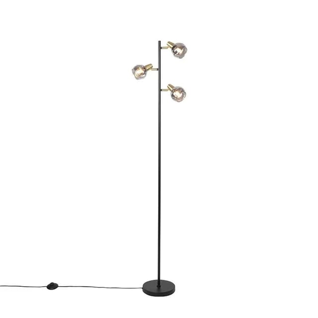 Art Deco Stehleuchte Schwarz Und Gold Mit Rauchglas 3-licht - Vidro