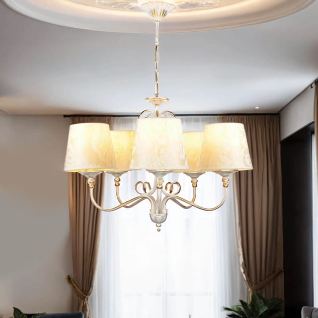 Licht-erlebnisse - Kronleuchter Shabby Gold Ecru E27 Stoff Schirm Metall Klassisch Pendelleuchte Esszimmer Wohnzimmer Schlafzimmer