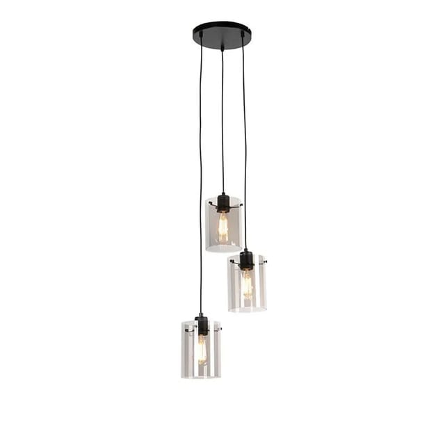 Design Hängelampe Schwarz Mit Rauchglas 3-licht - Kuppel