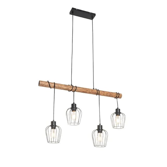 Ländliche Hängelampe Schwarz Mit Holz 4-flammig - Stronk
