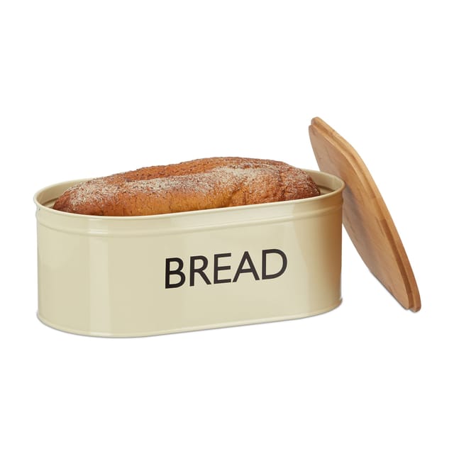 2 X Brotkasten Retro Xl, Mit Bambusdeckel, Runde Brotbox Mit Schriftzug Bread, Hbt: 14 X 36 X 20 Cm, Beige/natur