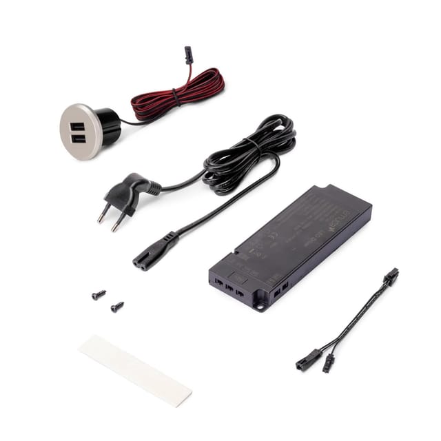 Set Aus Plugy Usb Verbinder Set, Inklusive Konverter Und 2 Usb Typ A, 25mm Durchmesser, Kunststoff, Grau Metallic, Für Den Einbau In Möbel - Emuca