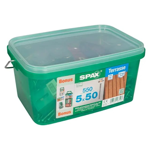 Spax - Terrassenschraube Bonus Set, 5 X 50 Mm, 550 Stück, Fixiergewinde, Zylinderkopf, T-star Plus T25, Cut-spitze - 4507000500529