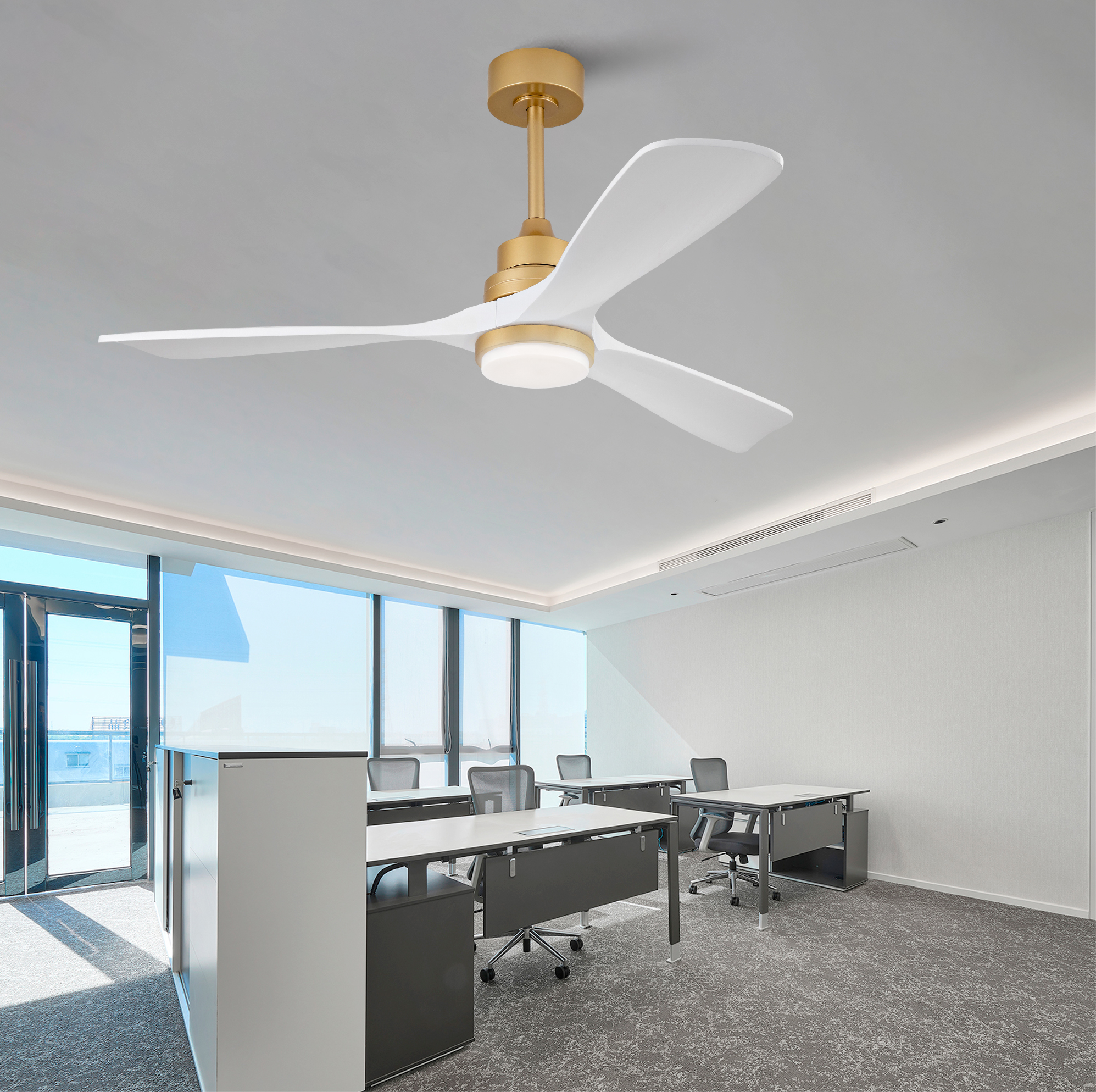 Deckenventilator 132.1x132.1x35 Cm Weiß-gold Aus Metall Und Massivholz Mit Licht, Fernbedienung Und Leisem Dc-motor