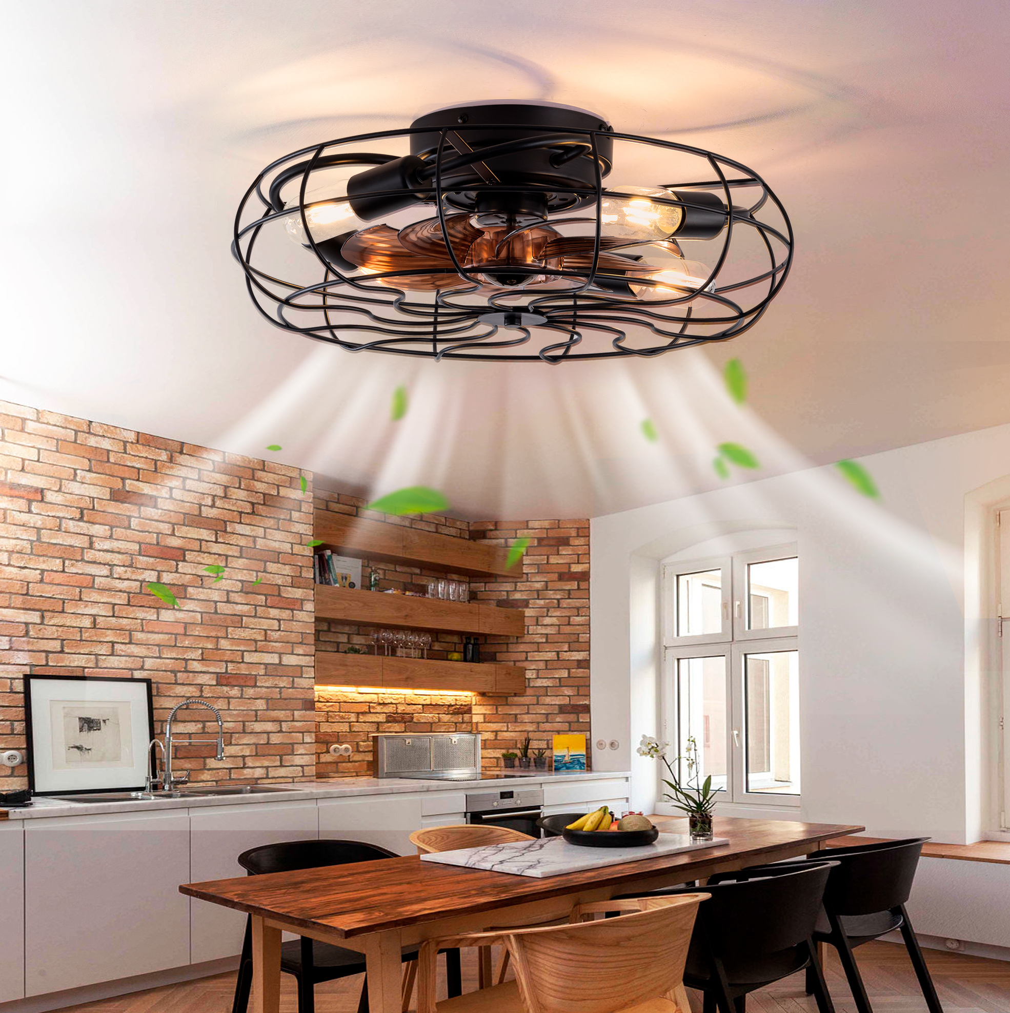 Käfig-deckenventilator 49 Cm Schwarz Mit Dunkelwalnuss Aus Metall Mit Fernbedienung Und 6 Stufen