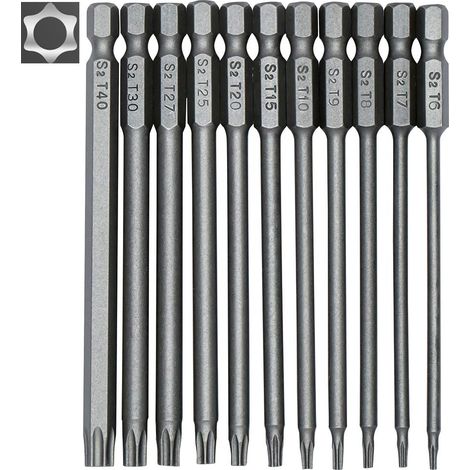 Set Von 11 Langen Schraubendreher-bits - Magnetische Bits - 1/4" Sechskantstange - Größen T6 Bis T40 - Länge 100 Mm